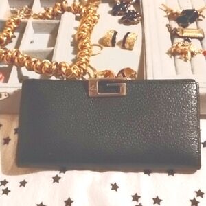 GUCCI VTG Black Leather WALLET SILVER LOGO FRONT SLIDE LOCK BI FOLD 6 CC'S